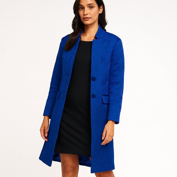 Ossie Clark London Blue Jacquard Longline Coat Textured Button Front Size 10 - Picture 2 of 12